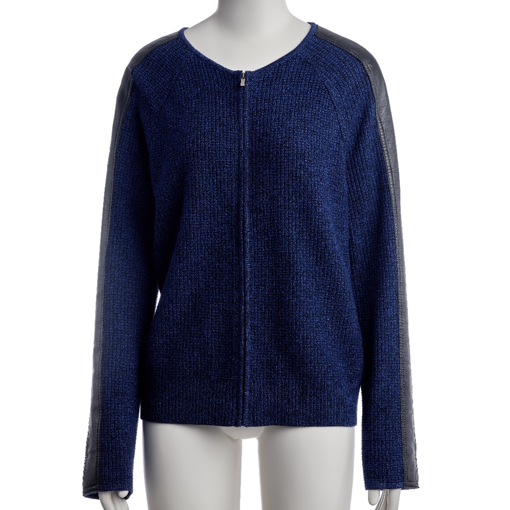St. John Yellow Label Leather Trimmed Zip-Up Cardigan in Blue/Black